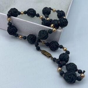 Vintage Victorian black rose pressed beaded mourning necklace.